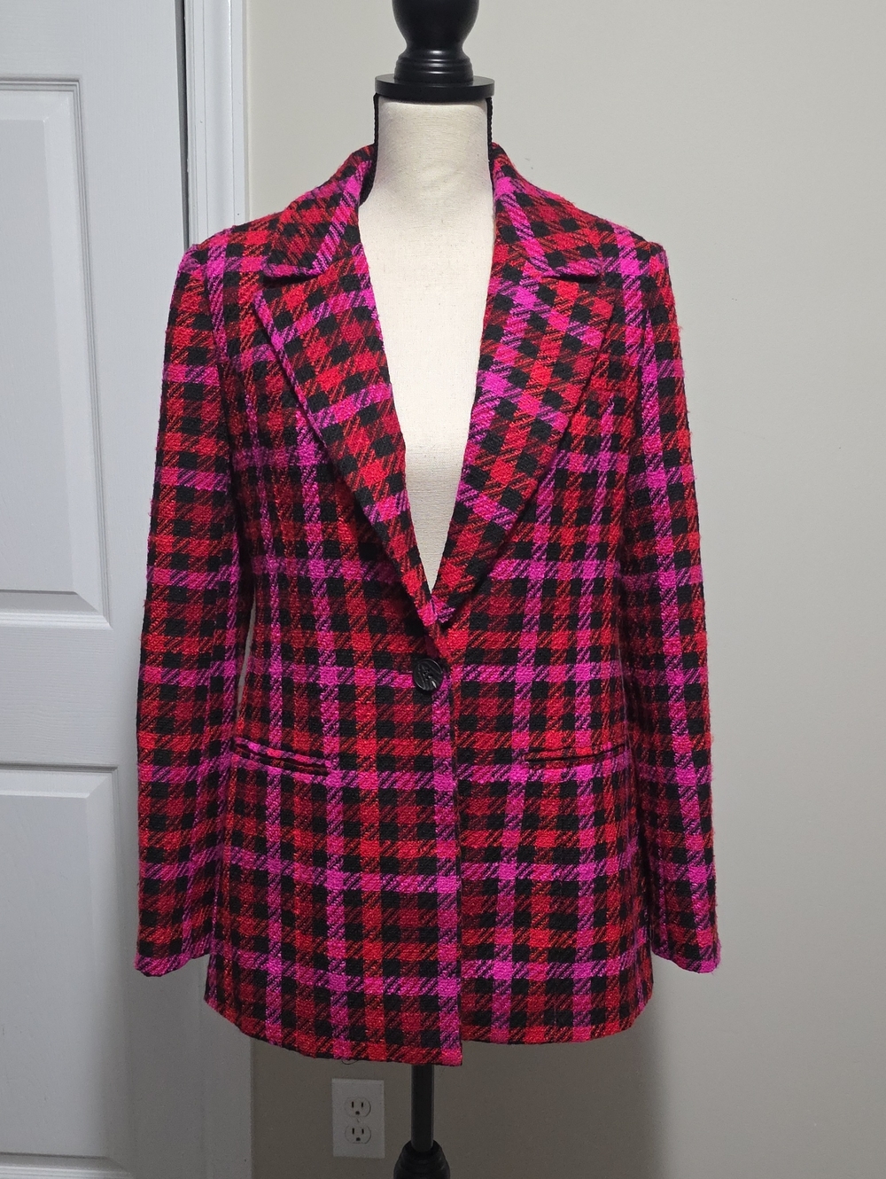 Avec Les Filles Houndstooth Plaid Tweed Blazer Jacket Sz Small